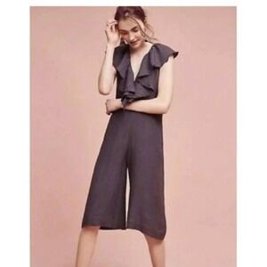 Maria Stanley Ruffle Neck Scalloped Jumpsuit Dark Gray‎ Cotton Linen Small
